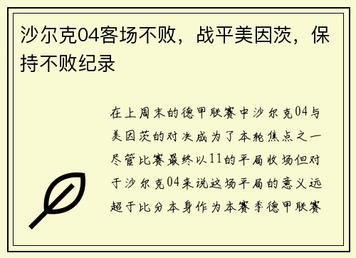沙尔克04客场不败，战平美因茨，保持不败纪录