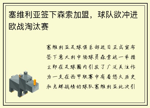 塞维利亚签下森索加盟，球队欲冲进欧战淘汰赛